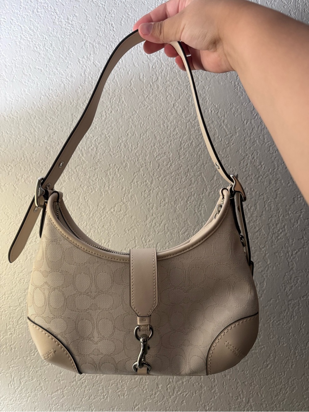 COACH Hampton’s HOBO Neutral Signature-Print Shoulder Bag with Leather Trim